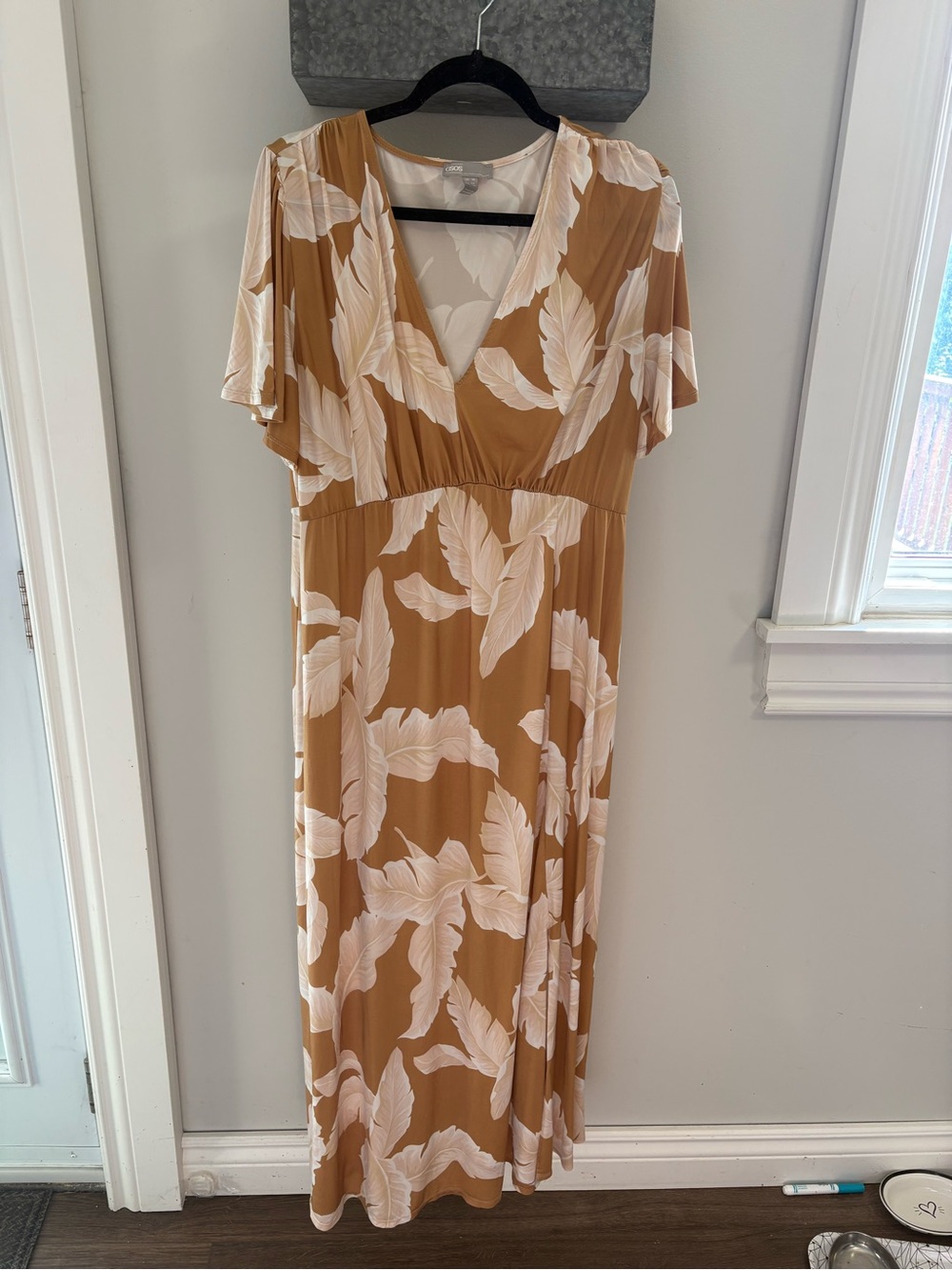 ASOS Camel Maxi Dress with Cream Leaf Print